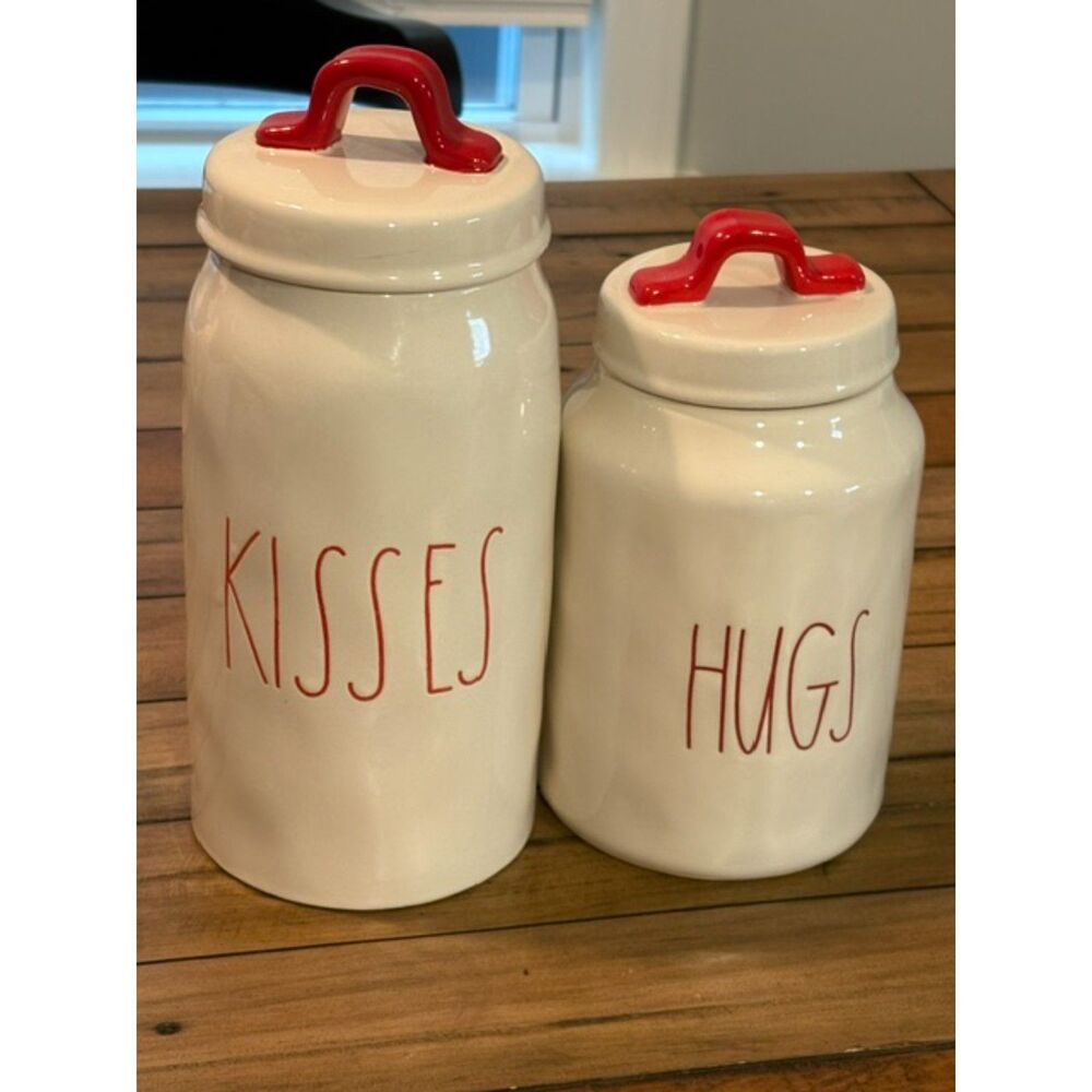 Rae Dunn Artisan Collection Hugs Kisses Canister Set Red Print and Handle NWT